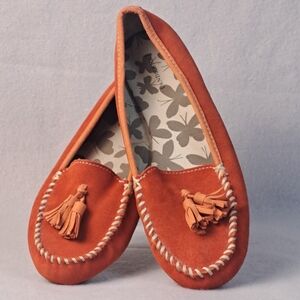 Lands’ End Hot Orange Tassel Flats 8M – Comfort Slip-On Moccasin Shoes NEW
